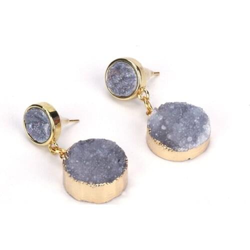 2 PCS Natural Grey Druzy Semi Precious Stone Pure Color Frame Gold Pendant Charm Studs Top Dangle Earrings For Women Gift