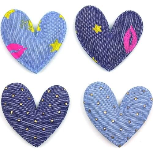 40Pcs 4.5cm Denim KISS Heart shape Patches Padded Appliques for DIY Children headwear Accessories DIY Baby Ornament Decoration