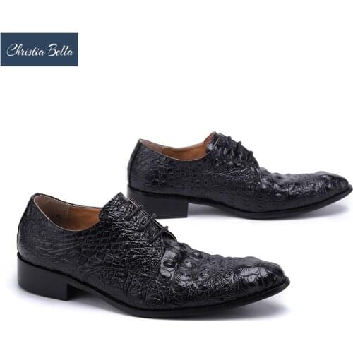 Christia Bella Black Stone Pattern Business Office Men Oxford Shoes Real Leather Brogue Shoes Lace Up Formal Shoes Footwear