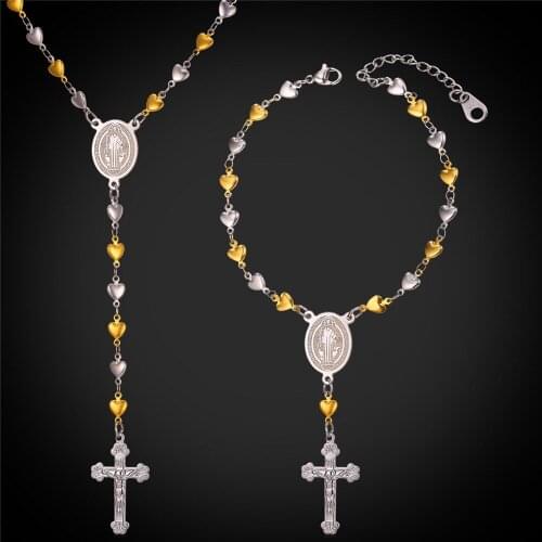 Stainless Steel Christian Necklace & Bracelet Jewelry Set For Men/Women Rosary Jewellery Heart Jesus Cross Necklace Set GNH2259
