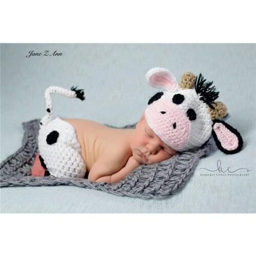 Newborn baby cow costume handmade knitted hat+tail pants infant cute studio shooting outfits ox year gift