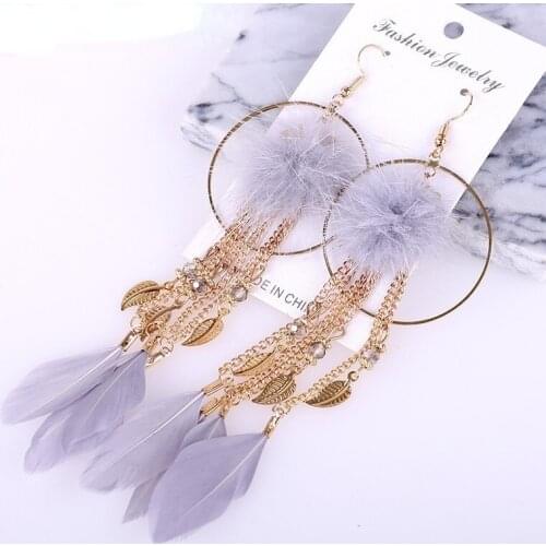 Fashion bohemian drop earrings statement luxury long Tassel feather earring crystal Pompom hanging for women Fluff Leaf jewelry