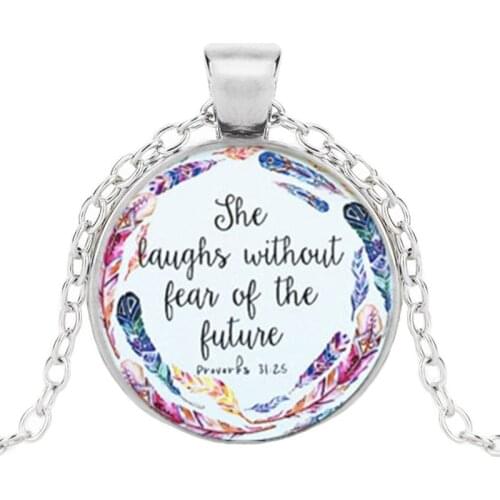 Fashion Women Jewelry She Laughs Without Fear of Future Inspirational Quotes Cabochon Glass Necklace Bible Verse Necklace