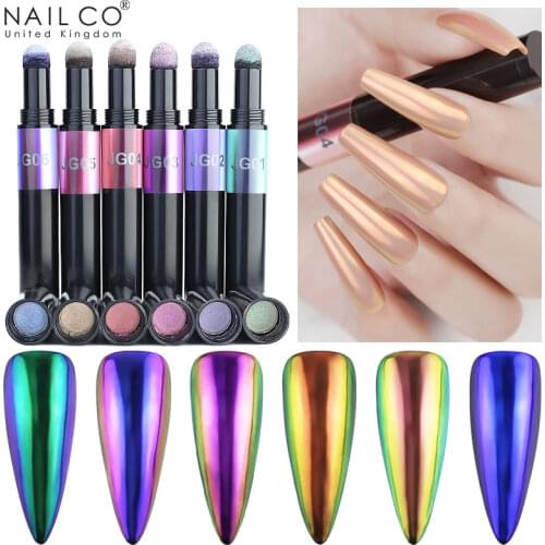 NAILCO Nail Art Glitter Mirror Powder Laser Magic Mirror Effect UV Gel Manicure Chalk Tool 6 Colors Solid Powder Air Cushion