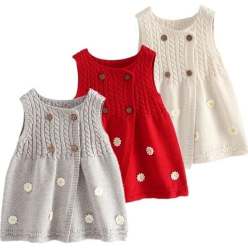 Spring Autumn New Baby Girls Dress Knitted Sleeveless Casual Soft Floral Princess Dresses Outwear Clothes For Children 2-6Y