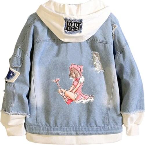 Anime Cardcaptor Sakura Coat Teens cowboy Cosplay Jacket Men Women Casual Denim Hooded Loose coat Cartoon Hooded