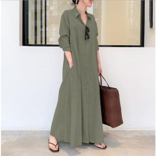 CHK Dresses Woman Summer 2021 Dresses Women New Pure Color Lapel Long Sleeve Pocket Simple and Loose Leisure Long Style