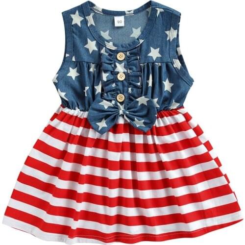 Little Girls Independence Day Dress, Summer Creative Star Print Stripe Splicing Round Collar Sleeveless Princess Skirt 1-4Years