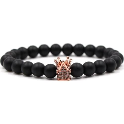 Popular Matte Black Stone beads Bracelet Pave CZ 4 color Crown manual DIY charm Bracelet Bangle for Men and Women Trendy Jewelry