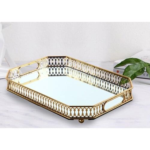 Gilded Craft Mirror Storage Tray Bedroom Desktop Cosmetic Container Afternoon Tea Dessert Organizer European Home Decoration