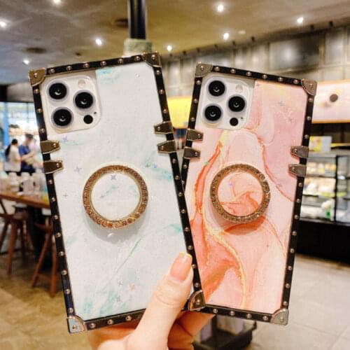 Luxury Ring Marble Texture Square Case For iphone 12Pro MAX 11 XS MAX XR 7 8 Plus Glitter Bling Diamond Holder Soft Phone Cover