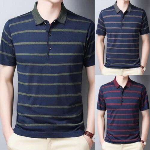 Summer Men Shirt Short Sleeve Lapel Striped Pattern Polyester Fiber Button Streetwear Casual Collared Blouse Male Tee Shirt
