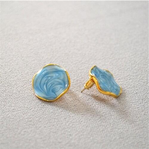 WT-E643 Starry starry sky vast ocean hand-enameled starry Sky Blue Circle wavy flower earrings with studs Dreaminess earrings