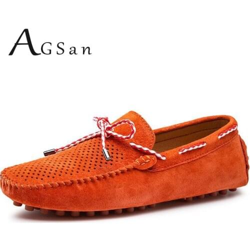 AGSan Summer Men Suede Leather Loafers Breathable Moccasins Boat Shoes Classic Driving Shoes Orange Purple Mens Flats 38-47