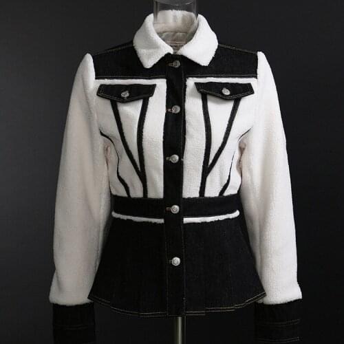 Women Lamb Wool Winter Jacket Colorblock High Waist Tunic Slim Denim Coat