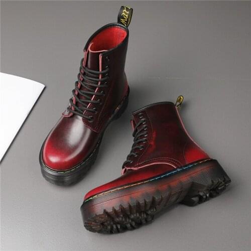 Womens Martin Boots Retro Red Comfortable Genuine Leather Platform Boots Women Casual Thick Rubber Cowboy Ankle Boots for Women