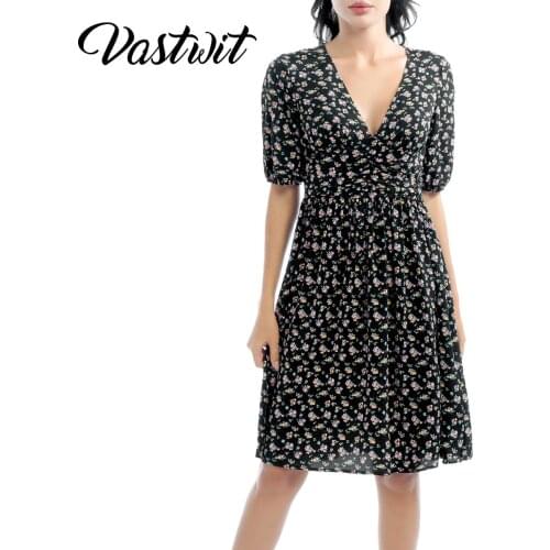Women Summer Floral Print Chiffon Dress Fashion Deep V Neck Short Sleeves Pleated Beach Dress