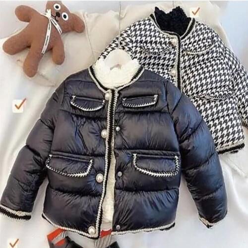 Winter Girls Parka Kids Coat Baby Parka Toddler Coat Children Warm Clothes New Fashion Padded Grid Pearl Button