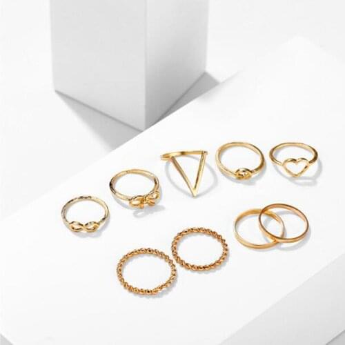 9PCS / Set Vintage Geometric Unisex Bow-knot Heart Rings Sliver Gold For Lovers Trendy Fashion Party Decoration Rings Jewelry