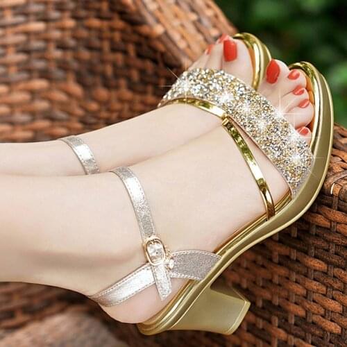 2021 Sandals Womens New High-heeled Womens Sandals One Word Buckle Rhinestone Thick with Fish Mouth Womens Shoes
