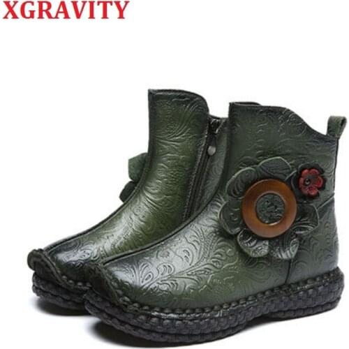 XGRAVITY New Fashion Ankle Boots Elegant Genuine Leather FLower Design Short Boots Fashion Casual Round Toe Shoes Girl Shoe C294