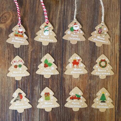 48PCS Christmas Tree Shape Paper Snowman/Santa Claus/Bird Printed Crafts Labels for Xmas Gift Wrapping Decoration DIY Supplies