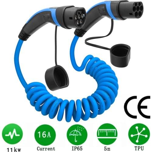 EVSE 11KW 16A 3 Phase EV Charging Spiral cable Type 2 To Type 2 EV blue Coiled Cables For Electric Vehicle Car Charger Stations