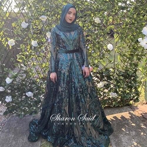 Emerald Green Sequin Muslim Evening Dresses Long Sleeves High Neck Arabic Women Formal Gowns Dubai Plus Size Wedding Party Dress
