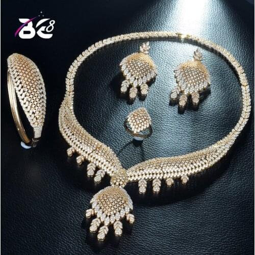 Be 8 Luxury AAA Cubic Zirconia African Necklace Earring Set Gold Color Nigerian Bride Jewelry Sets for Women Wedding JewelryS235