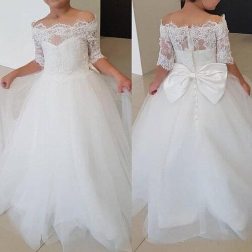 Bateau Lace Flower Girl Dresses For Wedding Half Sleeve Pageant Kids Gown Girls Floor Length Child Party Birthday Dress ytz348