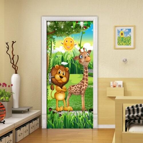 Forest Animal Children Room Bedroom Door Stickers PVC Mural 3D Photo Wallpaper Creative DIY Waterproof Door Sticker Decoration