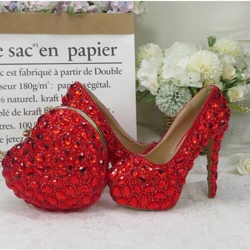 2021New Red Crystal Bride Wedding Shoes And Bag Ladies Dress Shoes Female Party Round Toe High Heels Women Thin Heels Heart bag