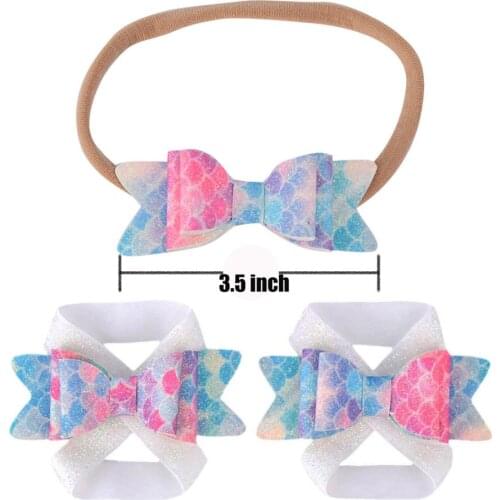 New Glitter Baby Barefoot Sandals Set Leather Glitter Hair Bow Newborn Sandals Baptism Shoes Baby Toddler Shoes Photo Props