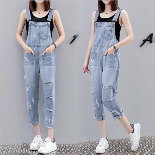 2021 Summer New Ripped Denim Overalls Womens Nine-point Pants Loose Age-reducing Jeans Baggy Pants Mother Jeans
