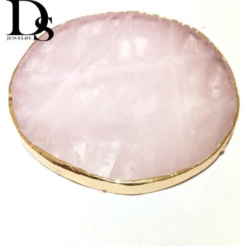 Wholesale 1pcs Natural Rose Quartz Coaster Round Crystal Platter Electroplated Gold Color Jewelry for Cup Mat Display