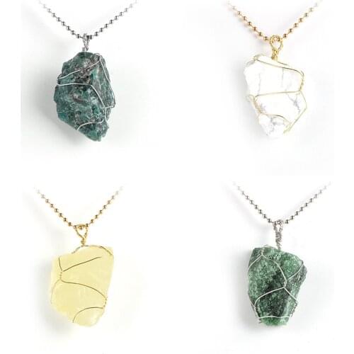 Original Blue Apatite Pendant Necklace Men Women Wire Wrap Irregular Natural Stone Gold Silver Color O Chain Choker Jewelry