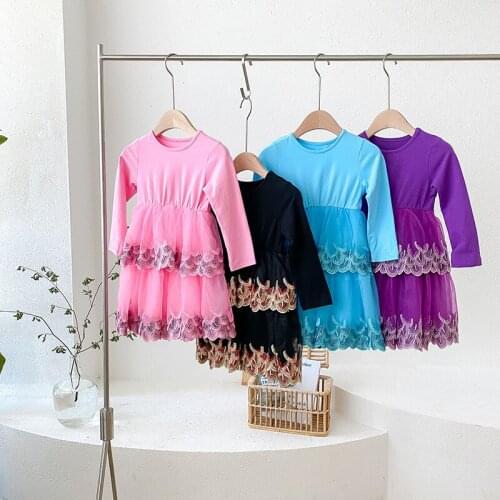 Girls' Feather Embroidered Mesh Cake Dress Korean Baby Clothes Toddler Girl Fall Clothes Flower Dresses Kids Dresses for Girls