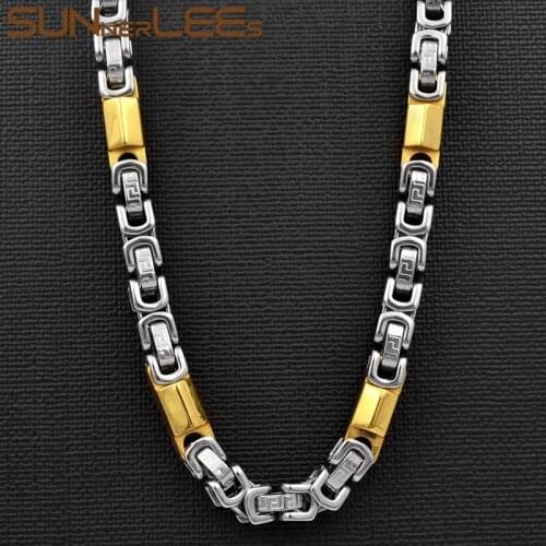SUNNERLEES Jewelry Stainless Steel Necklace 7mm Geometric Byzantine Link Chain Silver Color Gold Plated Men Women Gift SC131