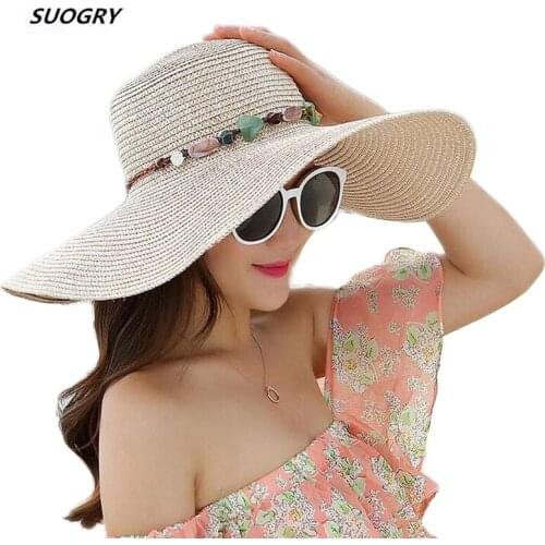 SUOGRY 2019 Hot Women Big Brim Sun Hats Colorful Stone Hand Made Straw Hat Female Summer Hat Casual Shade Beach Hat Cap