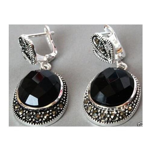 Vintage 925 Sterling Silver Natural Faceted Black jade Onyx Marcasite Earrings