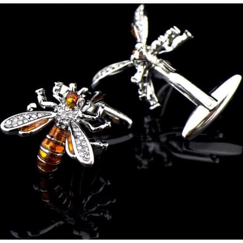 Yellow Bee Crystal Diamond Cufflinks, Animal Shaped French Buttons Novelty Luxury Cufflinks for Mens Brand High Quality
