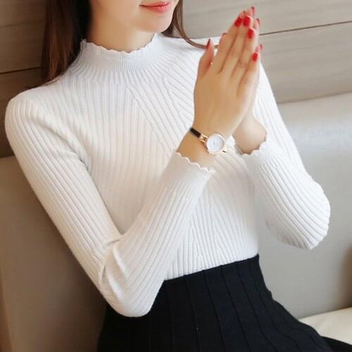 2020 autumn Winter Women Ladies Long Sleeve lace Knitted Turtleneck pull Sweater Shirts Top Femme Korean Pull stretchable Casual
