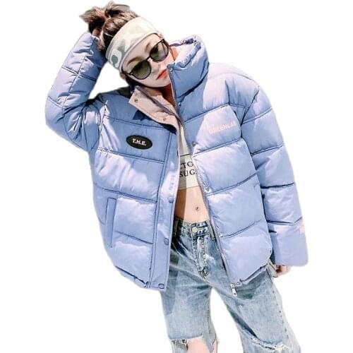 Women Winter Stand Collar Short Windproof Big Pocket Letters Bubble Coat Puffer Jacket Cotton Padded Parkas Outwear Overcoat