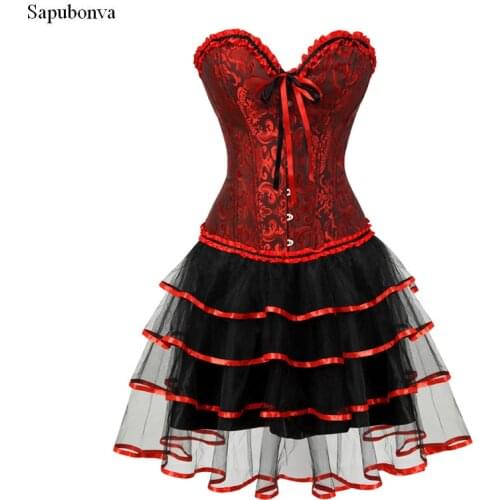 Sapubonva corsets for women plus size Burlesque costume overbust corsets dress with skirt tutu red and black corselet fashion