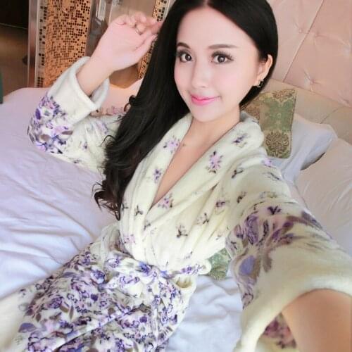 Winter Thickening Warm Robe Gown Female Flannel Kimono Bathrobe Soft Lovers Sleepwear Printed Home Clothes Casual Nightdress