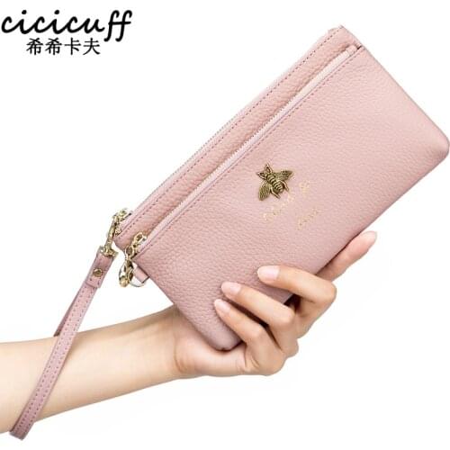 2021 Genuine Leather Womens Wallet Fashion Zippers Bag Long Coin Bee Purse Wristband Female Clutch Ladies Real Leather Wallets