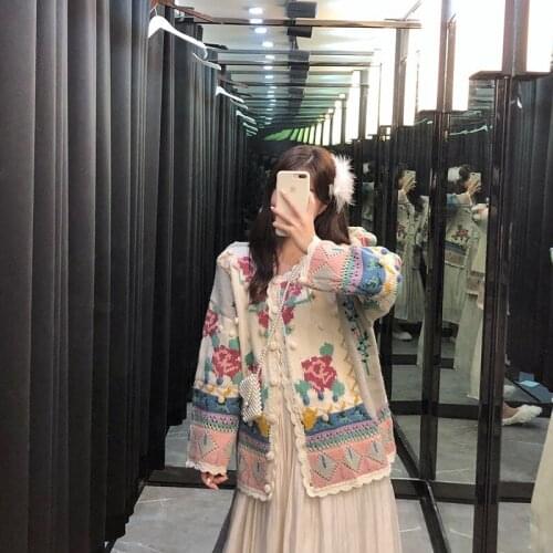 2021 Women Autumn New Loose Knitted Sweater Female Vintage Printed O Neck Long Sleeve Cardigans Sweaters Womens Knitwear Q751