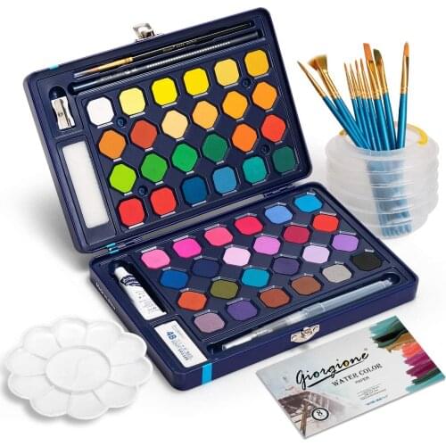 Watercolor Paint Set 48 Colors Watercolor Cakes with Pen Brushes Palette Pocket Pigment for Kids Students Drawing Art Supplies