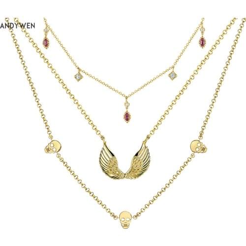 ANDYWEN 925 Sterling Silver Long Chain Necklace Colgante Alas Plata Recubierta Volver CollareColgantes Collar Piedras Jewelry