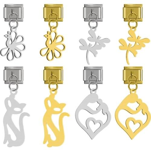 Hapiship 2020 Original Daisy Sweet Cat Heart Peacock Dragonfly Charm Link Fit 9mm Bracelet Stainless Steel Jewelry Making DJ264